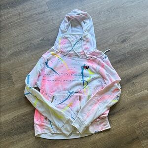 Aviator Nation White Hoodie with Pink, Blue, Yellow Paint Splatter
